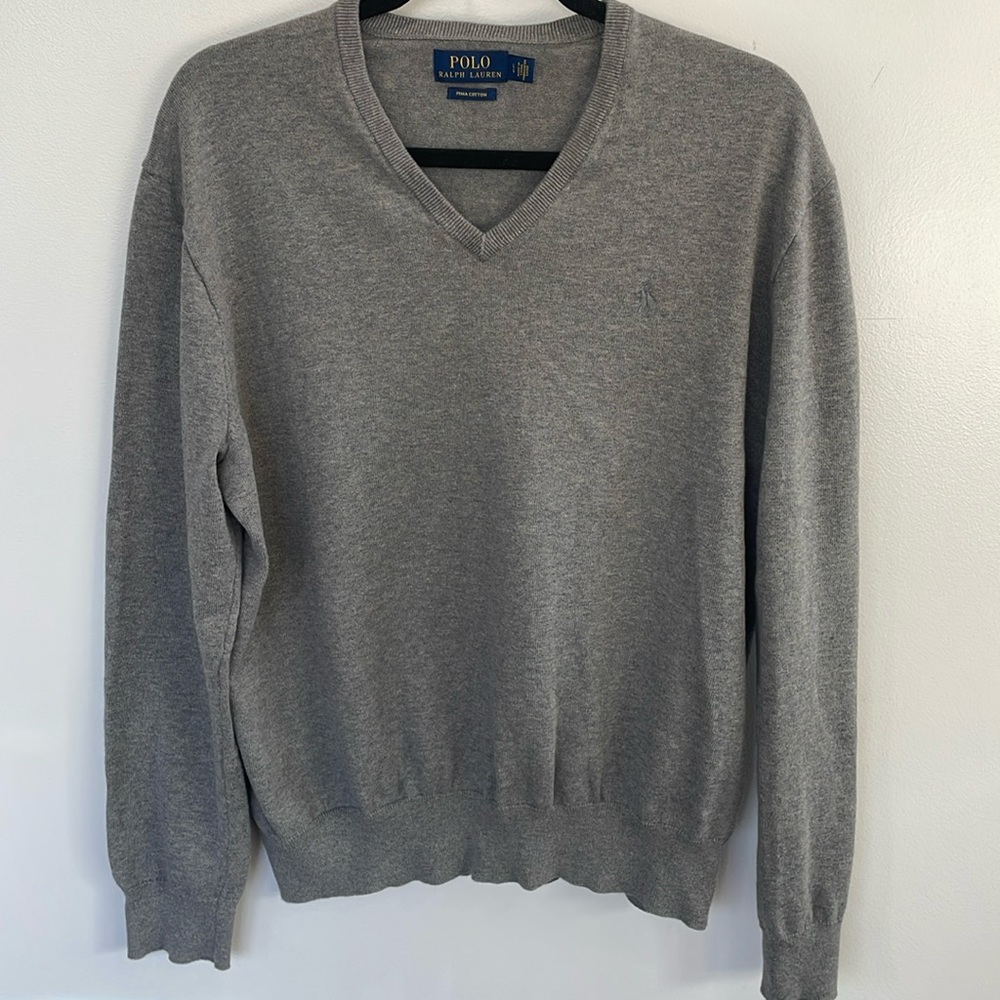 Men’s Polo Ralph Lauren gray V-neck preppy 90’s Pima cotton long sleeve sweater